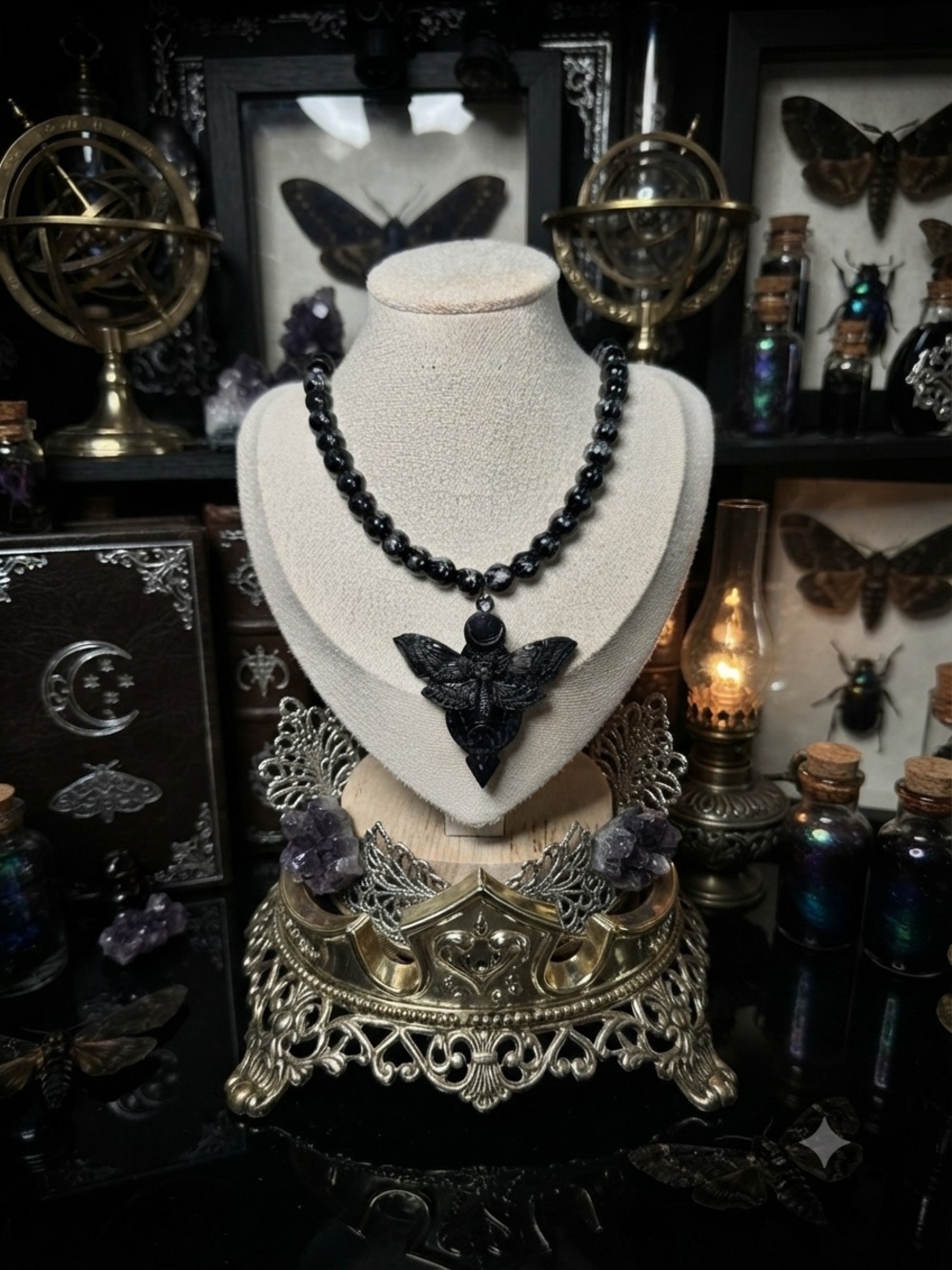 One of a kind Black Gothic Moth Pendant Magnetic Necklace Elegant Women Jewelry